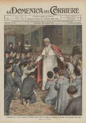 Paus Pius X ontvangt honderden kinderen die wees zijn geworden door de aardbeving in Messina